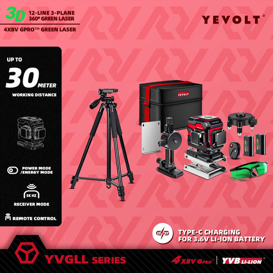 Laser de chão YEVOLT YVGLL4XS12T verde de 520 nm com projeção de 12 linhas IP54 à prova de poeira para pisos de cerâmica