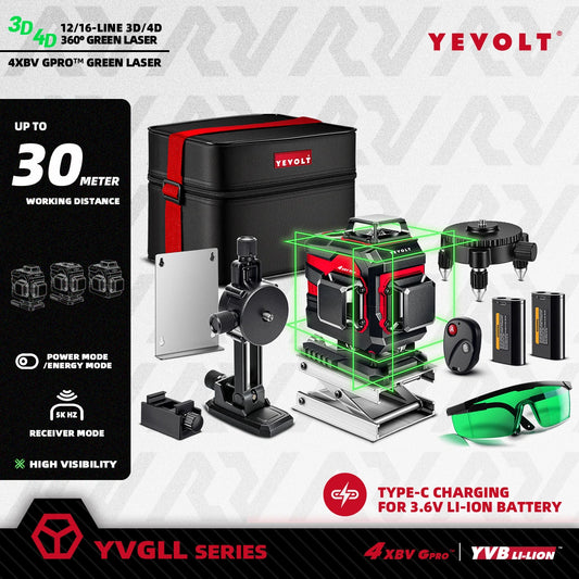 Nivel láser 3D/4D YEVOLT de 12/16 líneas, autonivelación rápida (3 s), IP54, resistente al polvo y a las salpicaduras, condiciones de poca luz, diseño antichoque.
