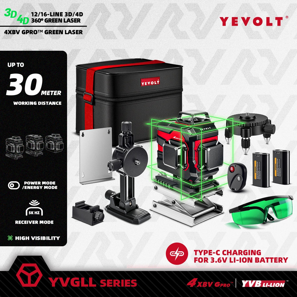 Nivel láser 3D/4D YEVOLT de 12/16 líneas, autonivelación rápida (3 s), resistente al polvo y a las salpicaduras, IP54, diseño antichoque para condiciones de poca luz.