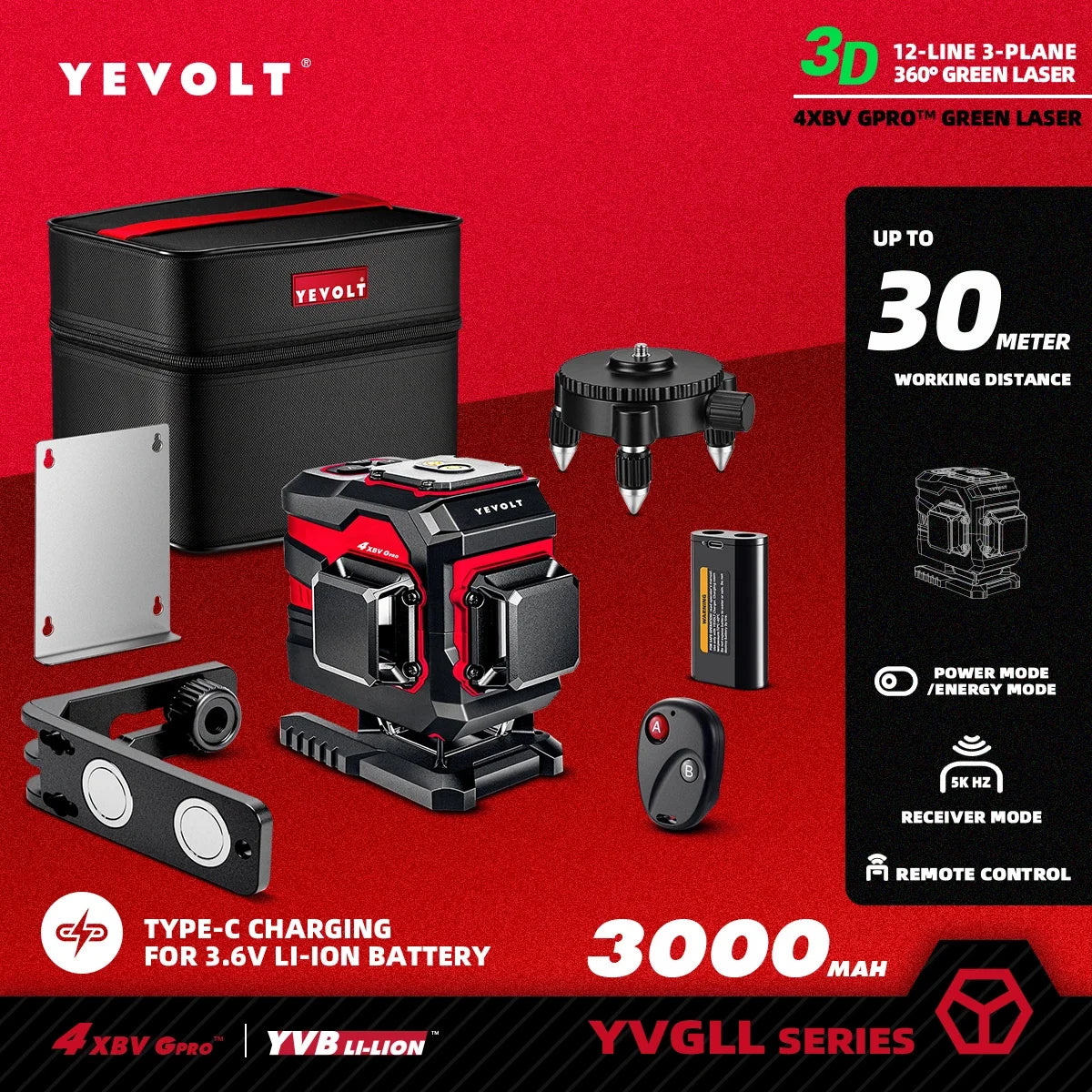 YEVOLT Ground-Mode 12-Line Laser Level YVGLL4XS12T 360° Vertical Coverage ±0.2mm/m Outdoor Daylight Use Single-Person Operation