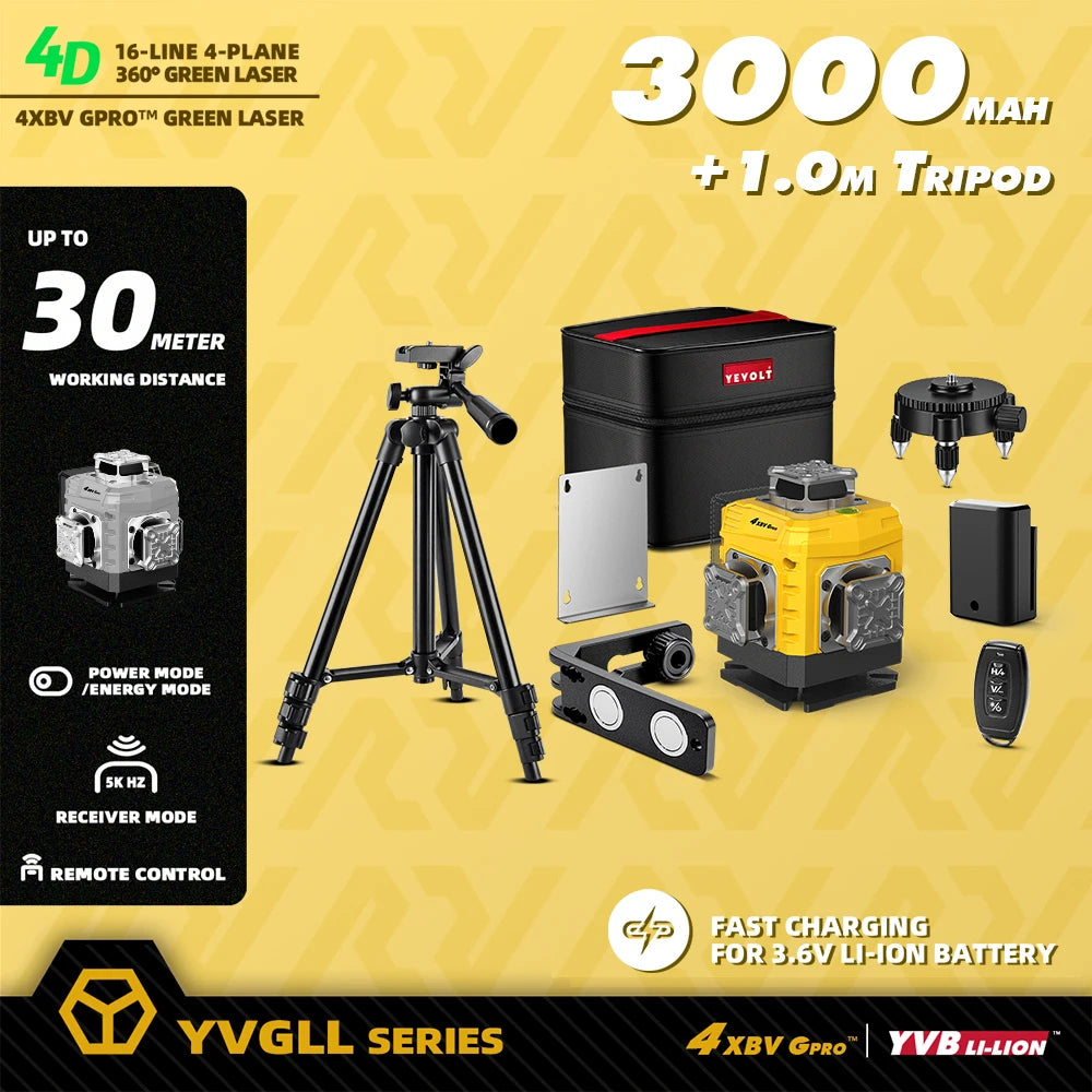 YEVOLT 16-Line Laser Level YVGLL4XS16G-515nm Green Beam 30m Visible Energy Saver 360° Coverage 4s Fast Self-Leveling