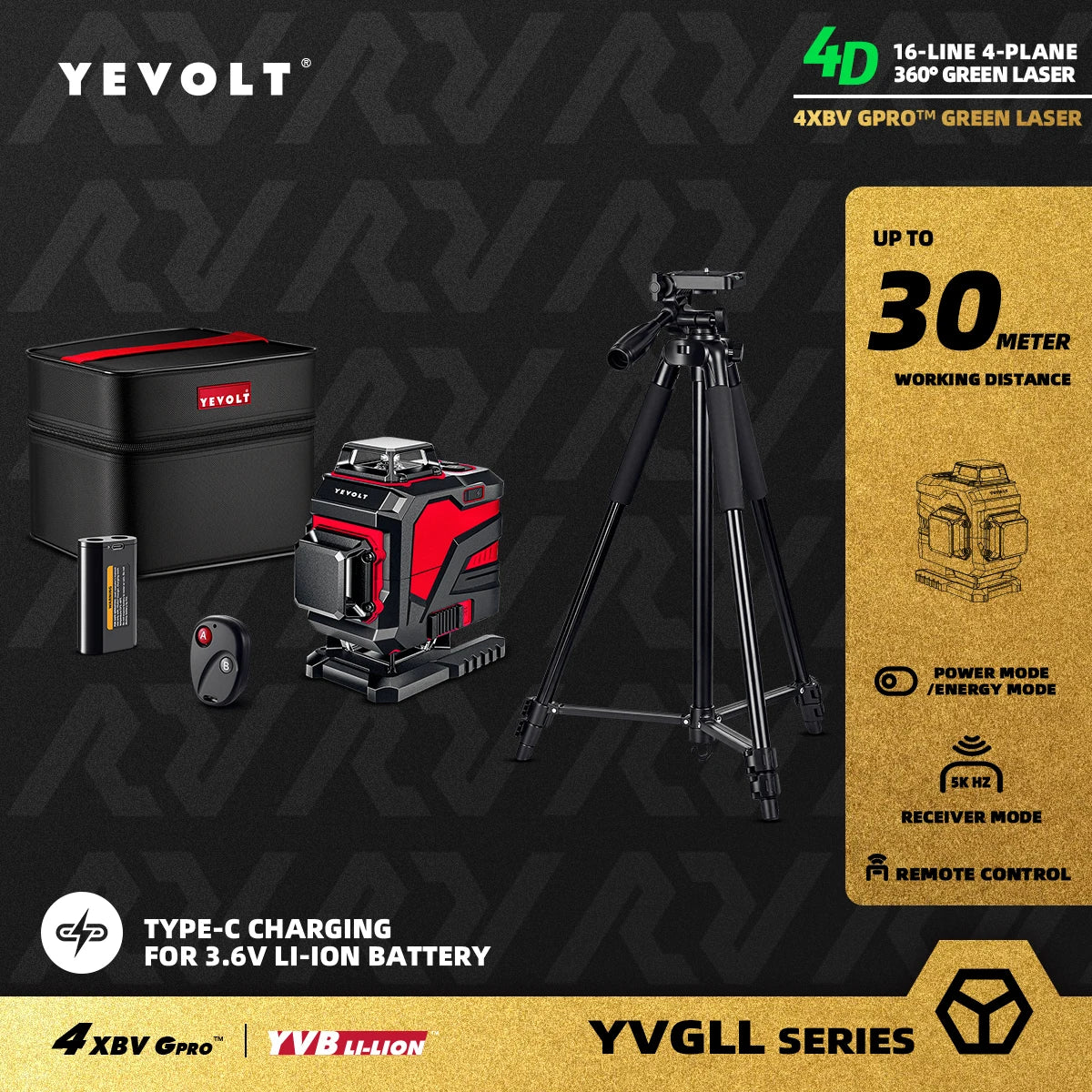 YEVOLT 16-Line Industrial Laser Level YVGLL4XS16 Dual Mode Shockproof Rubber Housing Outdoor Daylight Use Portable for Travel