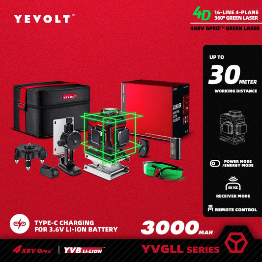 Nível a laser YEVOLT Série YVGLL4XS Verde 12/16 linhas 3/4 planos autonivelante 360 3D/4D ferramenta de medição de linhas horizontais e verticais