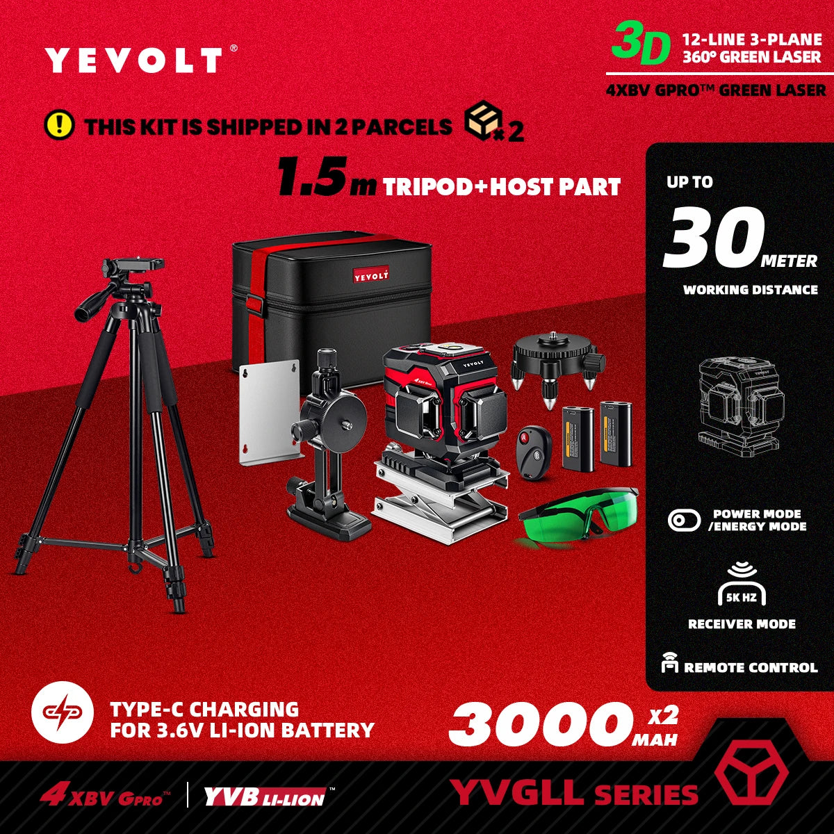 Nivel láser verde YEVOLT serie YVGLL4XS, 3/4 planos, 12/16 líneas, autonivelante, 360°, 3D/4D, horizontal y vertical, 3,6 V, 3 Ah