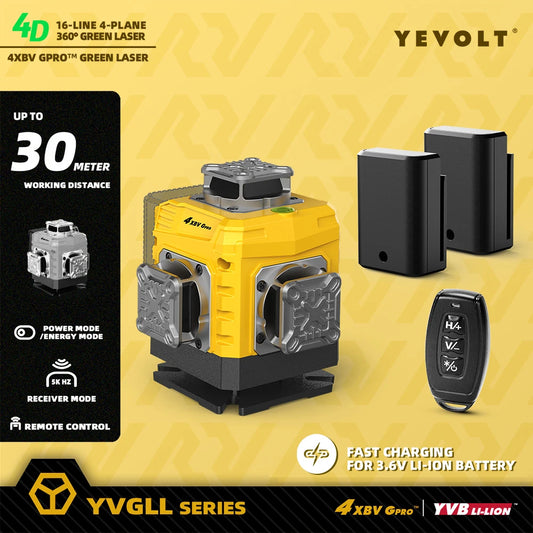 Nível de laser de 16 linhas YEVOLT YVGLL4XS16G-515nm Feixe verde 30m Visível Economia de energia Cobertura de 360° Autonivelamento rápido de 4s