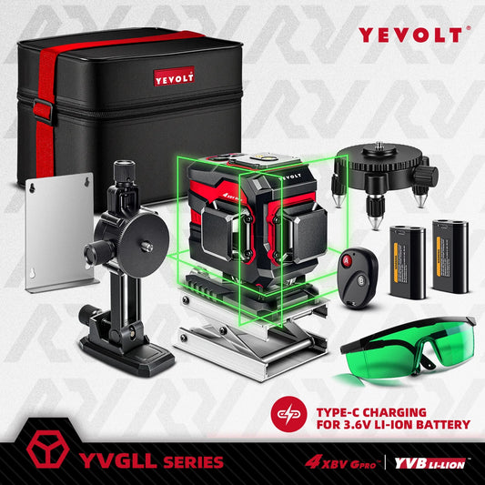 Nivel láser de 12 líneas en modo tierra YEVOLT YVGLL4XS12T, cobertura vertical de 360°, ±0,2 mm/m, uso en exteriores con luz natural, operación por una sola persona