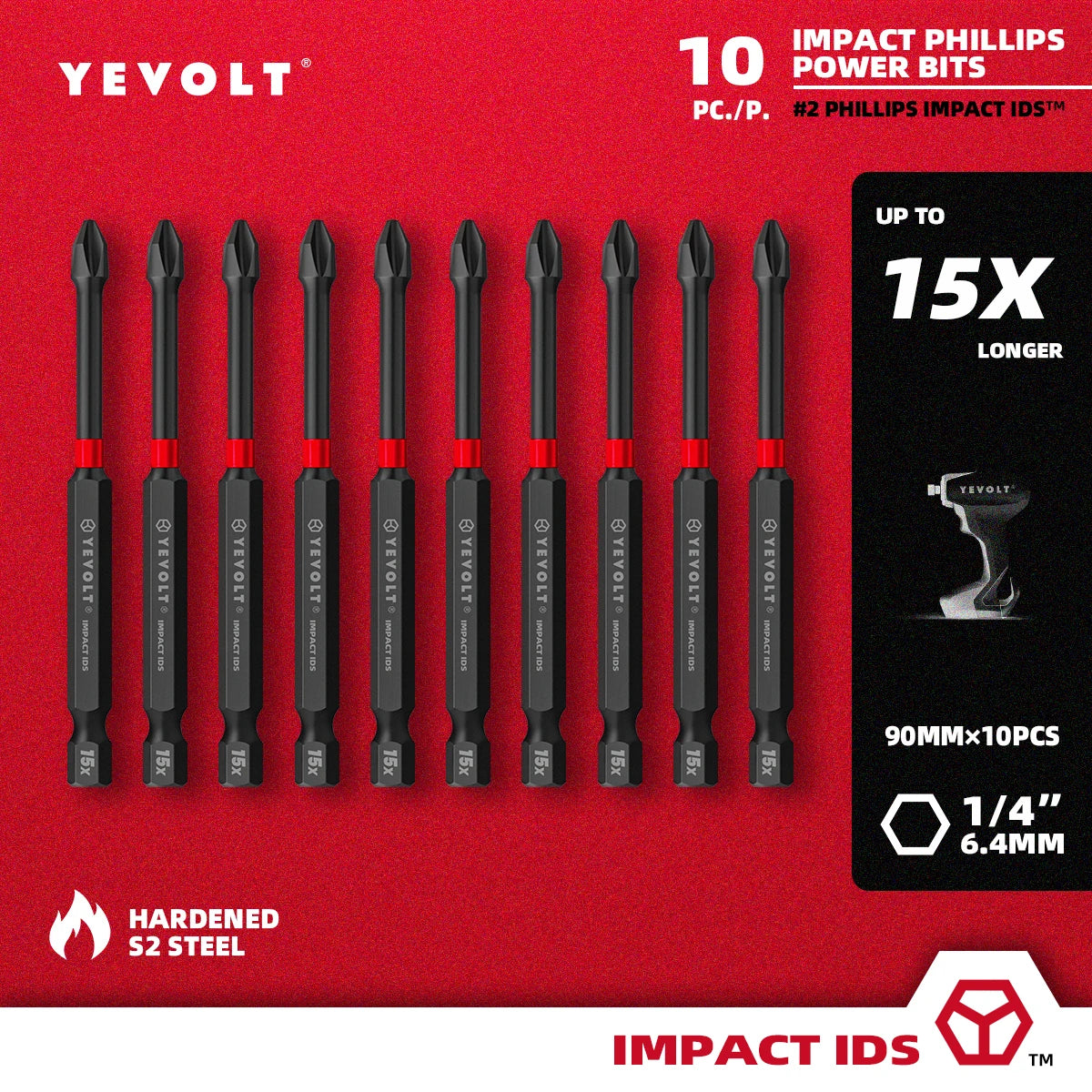 Conjunto de brocas de impacto série YEVOLT YVIDSPH2, 10 peças, 50/65/75/90/100/150 mm, 1/4" Ph2, brocas magnéticas cruzadas, caixa de armazenamento de aço S2