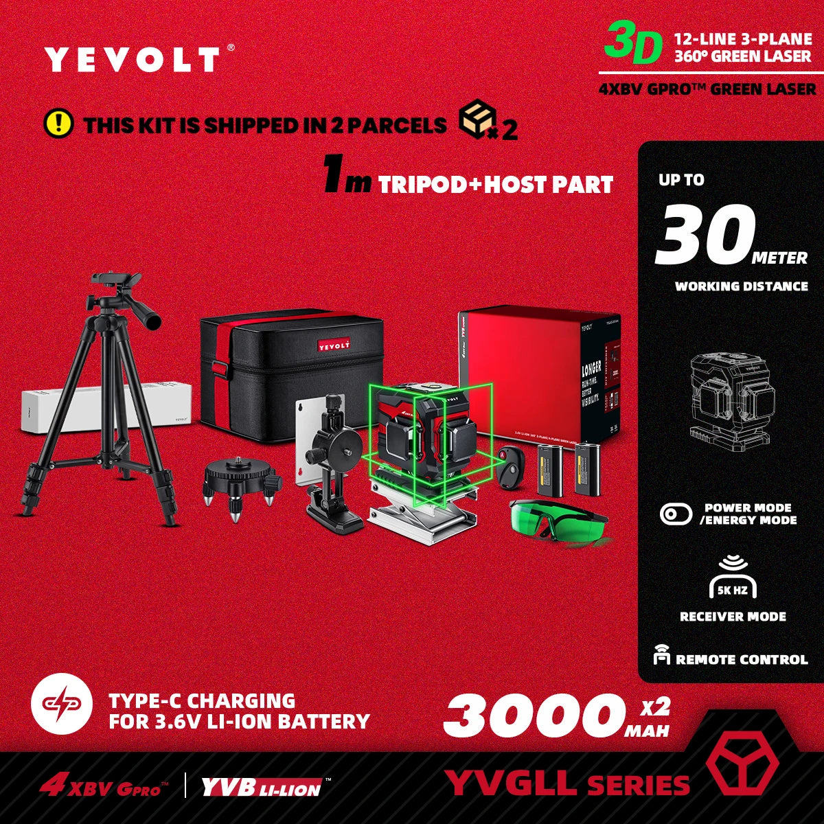 Nível a laser verde YEVOLT 3/4-Plano TL-YVGLL4XS-Series 12/16-Linhas Autonivelante 360 ​​3D/4D Ferramenta de medição de potência - Tripé de 1 m