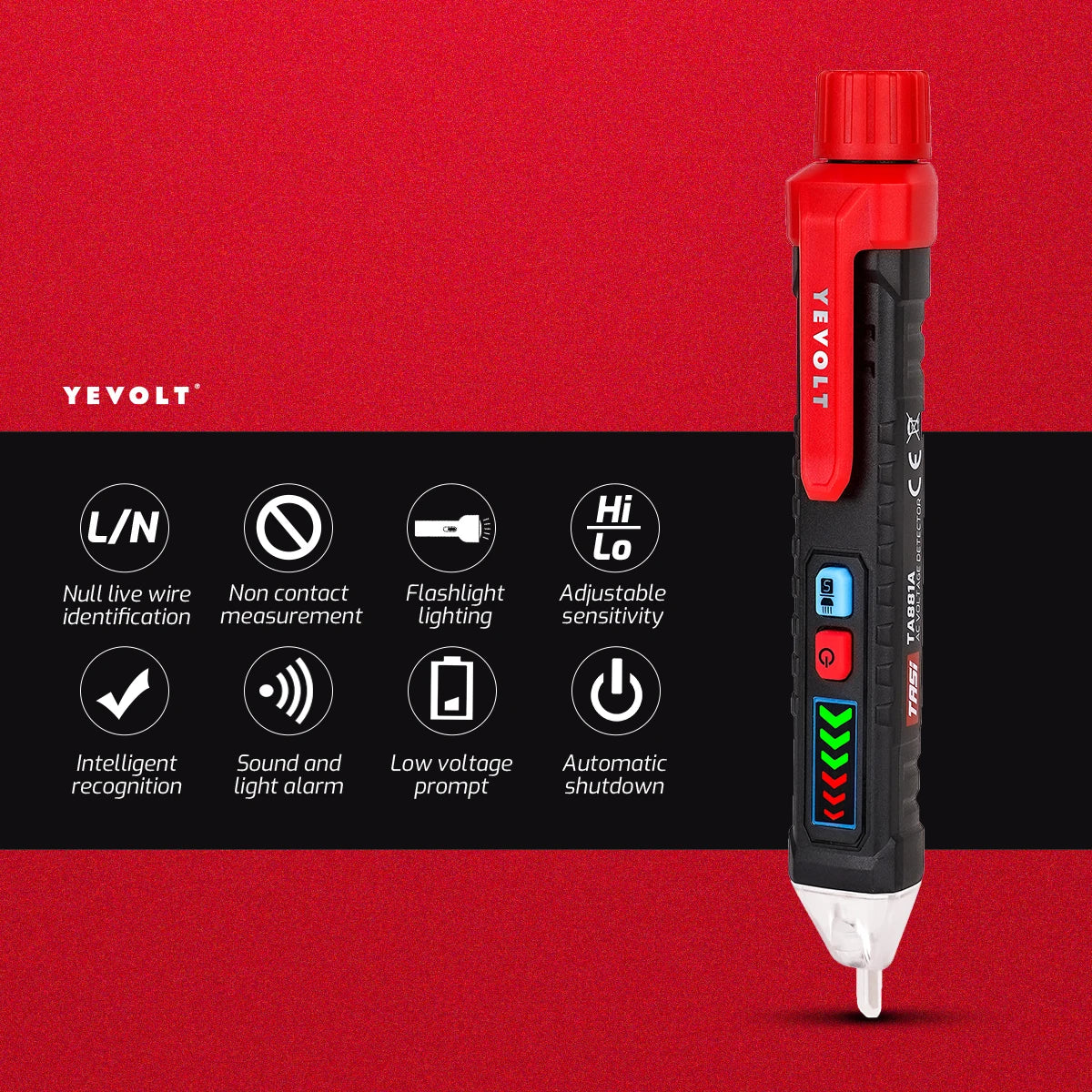 Comprobador de voltaje CA sin contacto YEVOLT TA881A, 12-1000 V CA, linterna LED, alarma sonora para determinar si hay cables con corriente o sin corriente