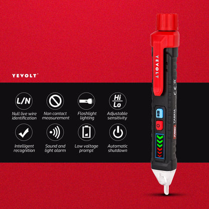 Comprobador de voltaje CA sin contacto YEVOLT TA881A, 12-1000 V CA, linterna LED, alarma sonora para determinar si hay cables con corriente o sin corriente