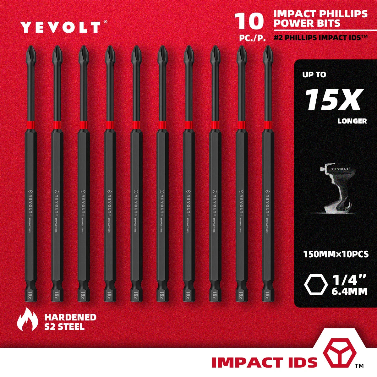 Conjunto de brocas de impacto série YEVOLT YVIDSPH2, 10 peças, 50/65/75/90/100/150 mm, 1/4" Ph2, brocas magnéticas cruzadas, caixa de armazenamento de aço S2