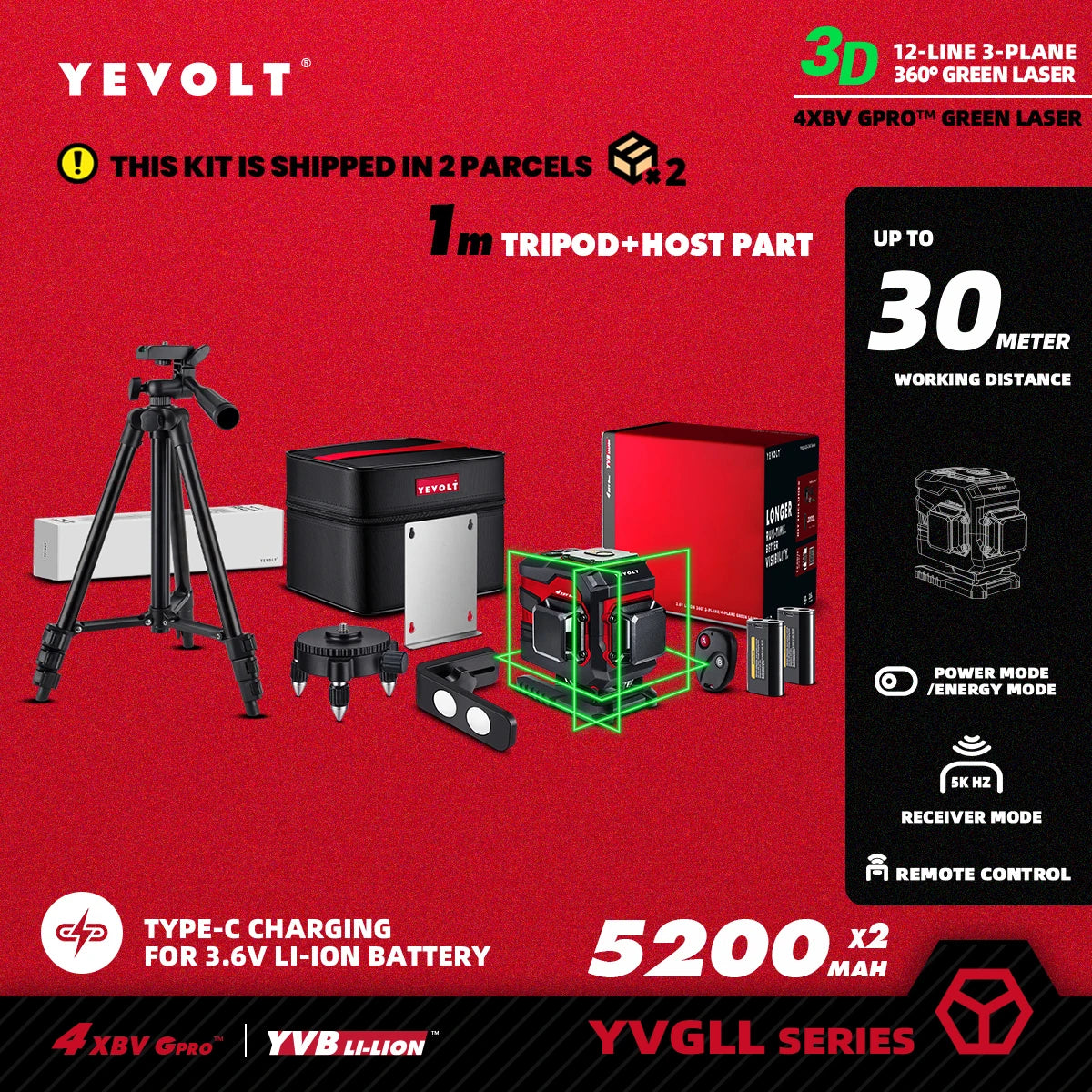 Nível a laser verde YEVOLT TL-YVGLL4XS-Series 3/4-Plano 12/16-Linhas Autonivelante 360 ​​3D/4D Ferramenta de medição de potência - Tripé de 1 m