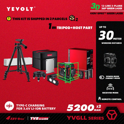 Nível a laser verde YEVOLT 3/4-Plano TL-YVGLL4XS-Series 12/16-Linhas Autonivelante 360 ​​3D/4D Ferramenta de medição de potência - Tripé de 1 m