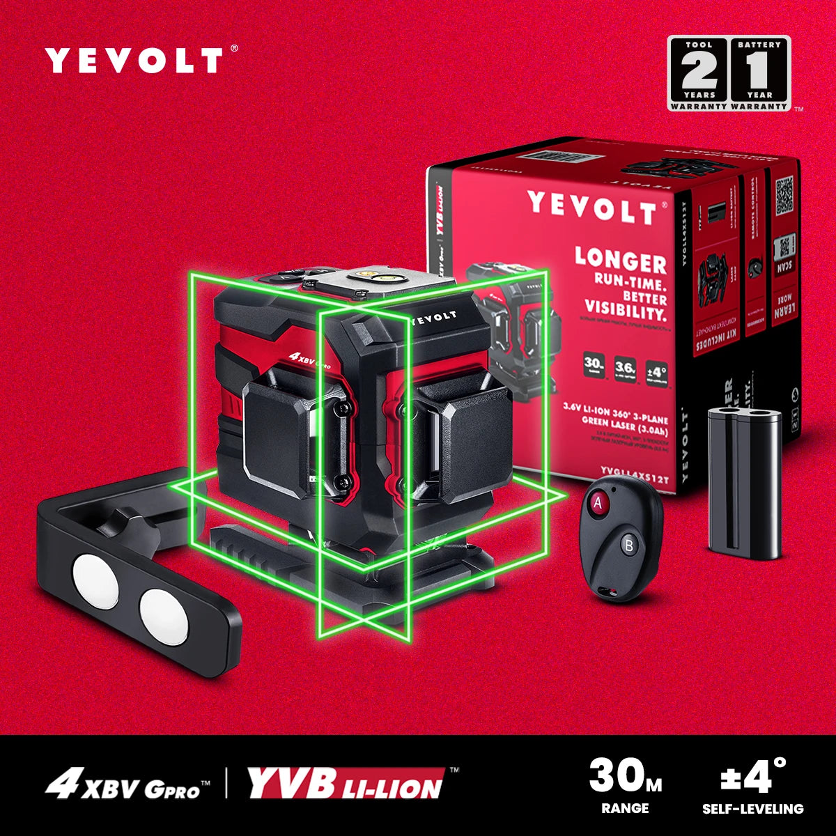 Gerador de nível a laser YEVOLT YVGLL4XS12T 360° de 12 linhas, sistema de alinhamento de ladrilhos autonivelante FloorMaster de alta precisão - alcance de 30 m