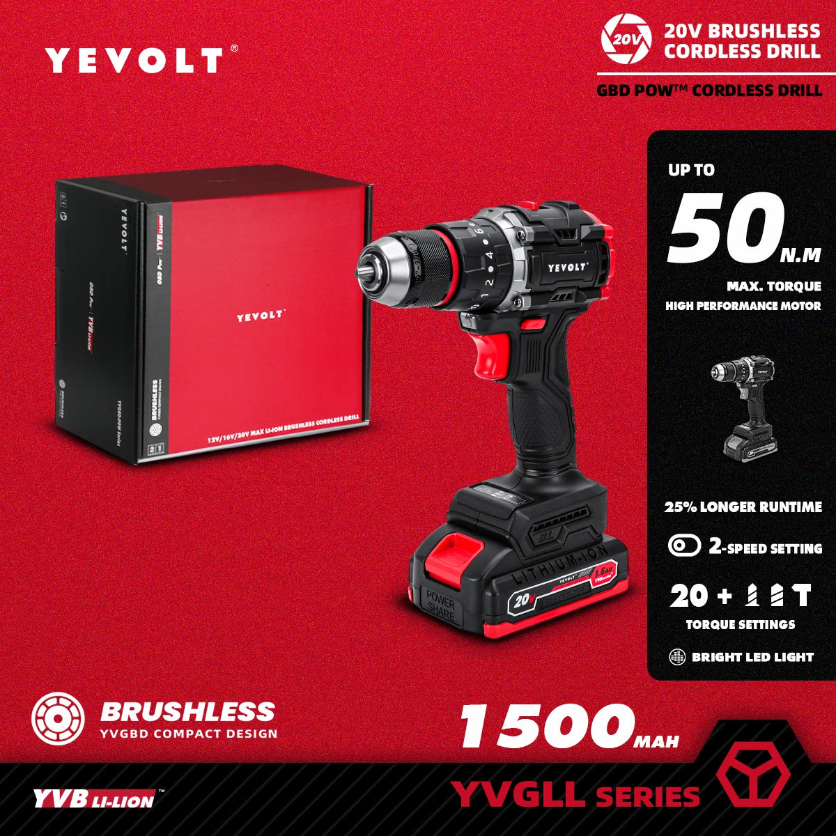 YEVOLT Electric Drill 20V Brushless 20+3 Impact Li-ion Compact Cordless Driver Handheld Screwdriver Power ToolYVGBD20DU3 Series