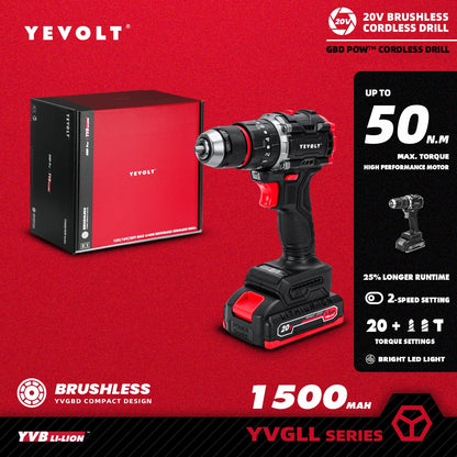 YEVOLT Electric Drill 20V Brushless 20+3 Impact Li-ion Compact Cordless Driver Handheld Screwdriver Power ToolYVGBD20DU3 Series
