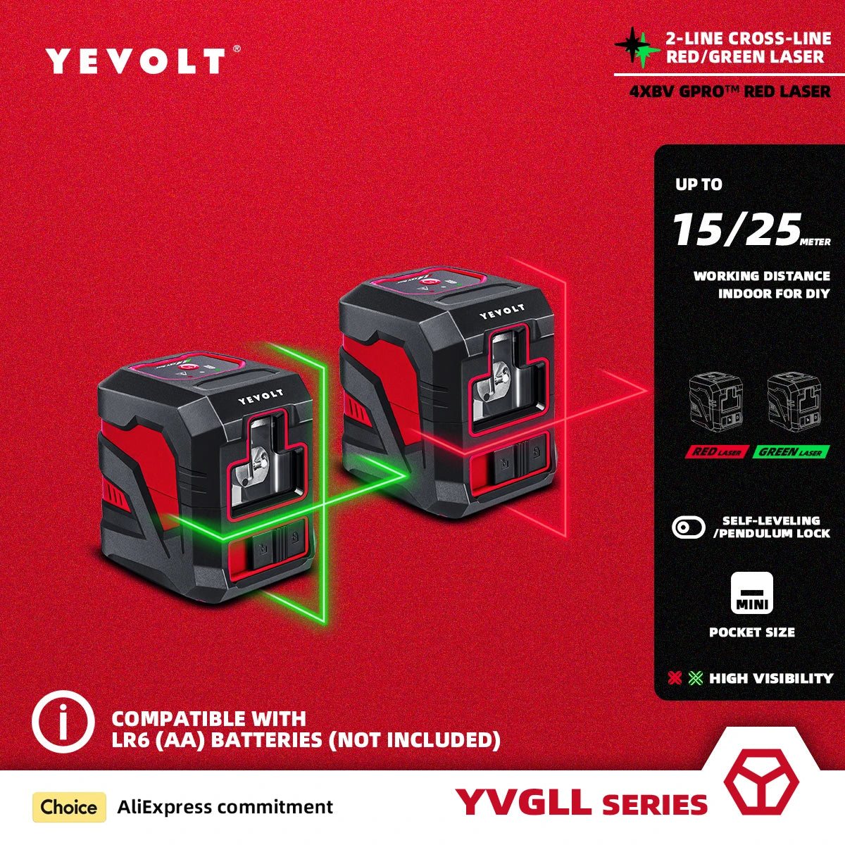 Nível a laser de linha cruzada vermelha/verde YEVOLT YVRLL4XS2/YVGLL4XS2, nivelador de 2 linhas, ferramentas de medição, máquina de construção