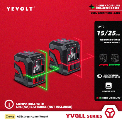 Nível a laser de linha cruzada vermelha/verde YEVOLT YVRLL4XS2/YVGLL4XS2, nivelador de 2 linhas, ferramentas de medição, máquina de construção