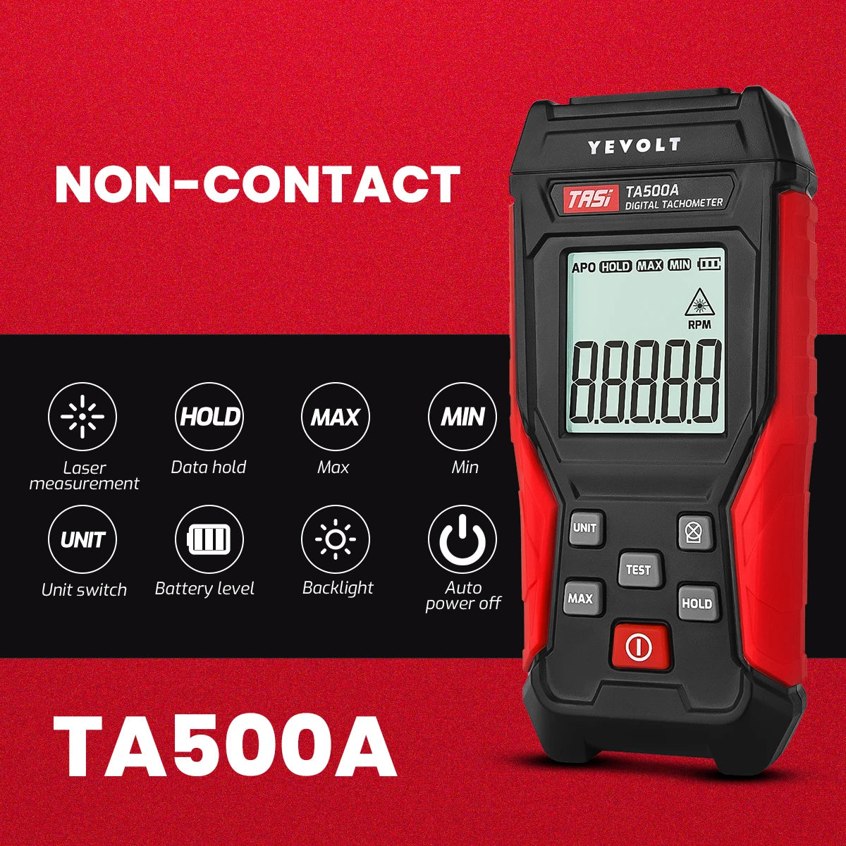 Tacómetro digital sin contacto/2 en 1 YEVOLT TA500A/TA500C, sensor fotográfico láser sin contacto o medidor de contacto, medidor de velocidad y RPM