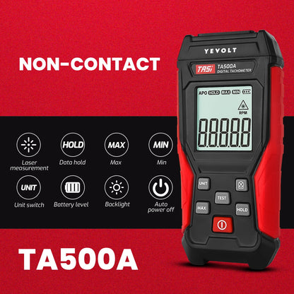 Tacómetro digital sin contacto/2 en 1 YEVOLT TA500A/TA500C, sensor fotográfico láser sin contacto o medidor de contacto, medidor de velocidad y RPM