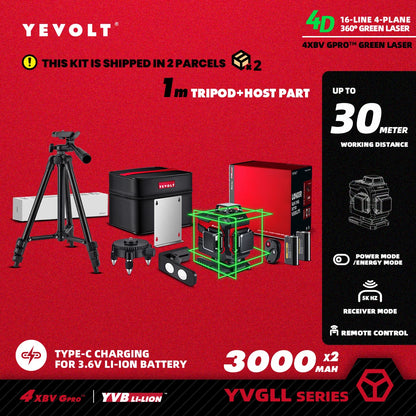 Nível a laser YEVOLT Green Beam, 16 linhas, autonivelante, 360°, 3D, horizontal e vertical, ferramentas de medição precisas - Série YVGLL4XS16