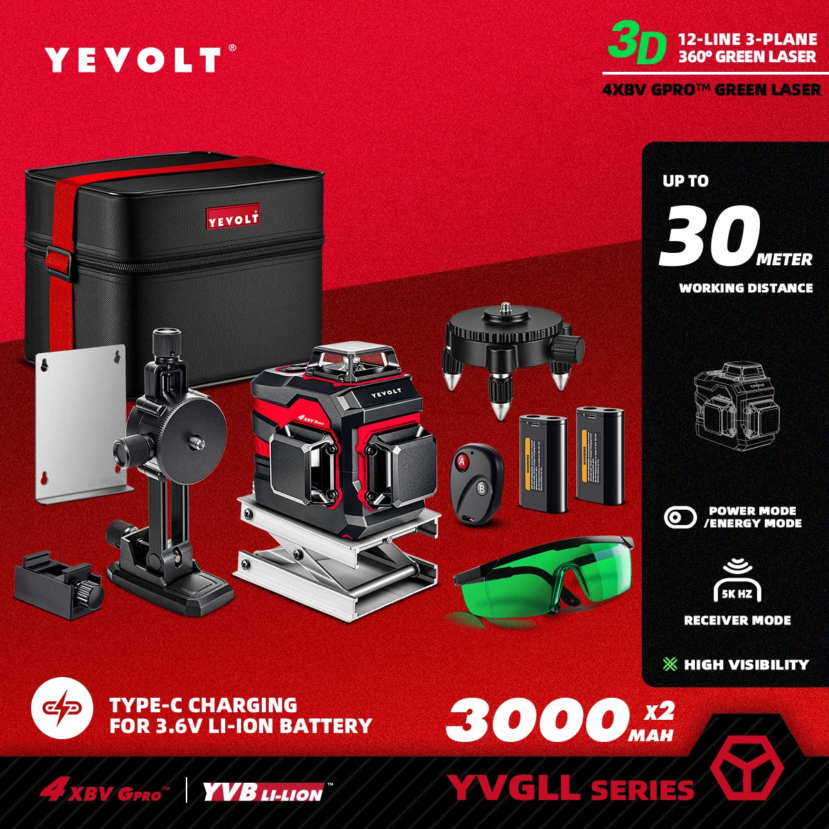 Nível a laser YEVOLT 12/16 linhas 360° horizontal/vertical autonivelante 3D/4D ±0,2 mm/m alta precisão - base giratória 360°