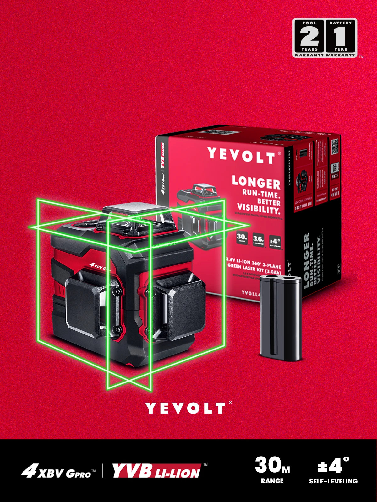 YEVOLT YVGLL4XS12 Ferramentas de medição de 3 planos Nível laser de feixe verde 360 ​​12 linhas 3D horizontal e vertical autonivelante