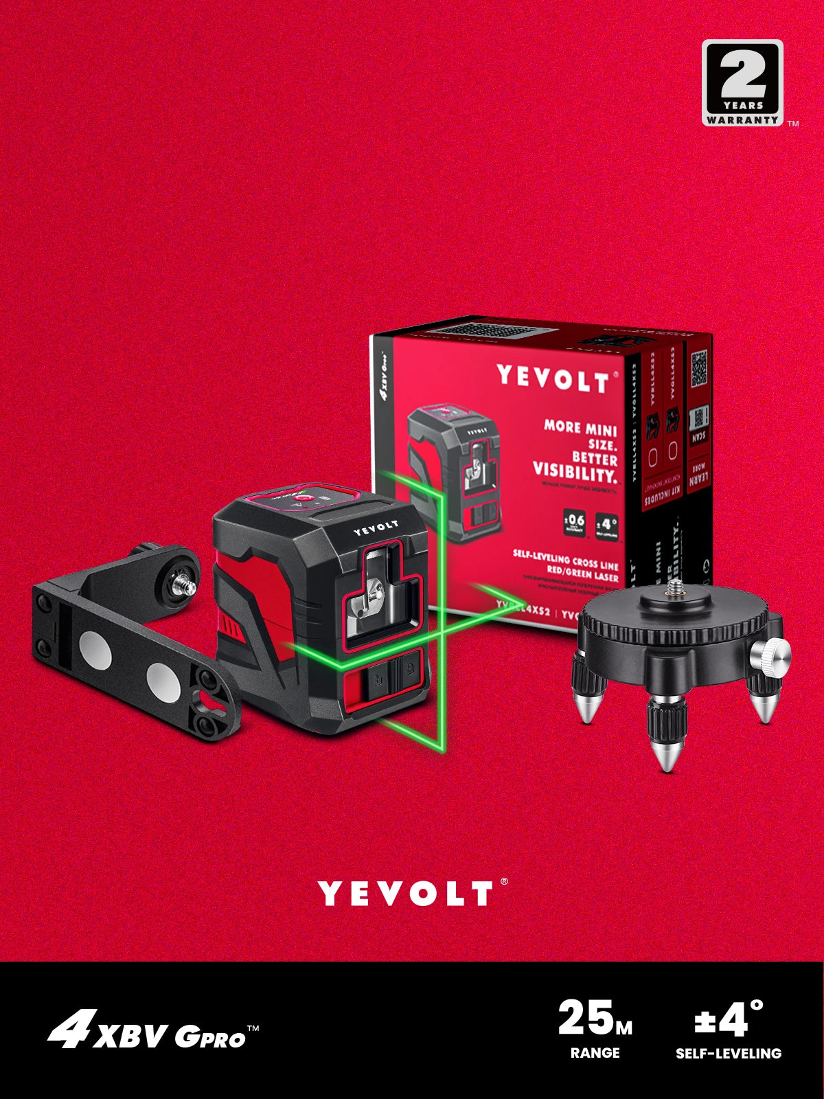Kit de nível a laser verde de linha cruzada YEVOLT YVGLL4XS2-Ld com base giratória de 2 linhas e suporte magnético, ferramentas profissionais de nivelamento automático
