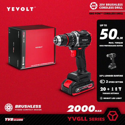 YEVOLT Cordless Electric Drill 20V - Brushless Motor, 2-Speed (0-550/1450RPM) 50N.m Torque LED Light for Prolonged DIY Projects