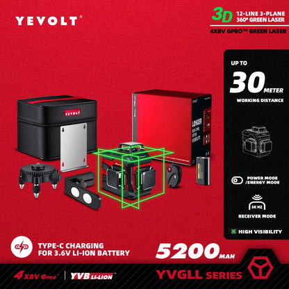 Nível a laser verde YEVOLT YVGLL4XS-Series autonivelante, 3/4 planos, 12/16 linhas, 360 graus, 3D/4D, ferramenta de medição de linhas horizontais e verticais