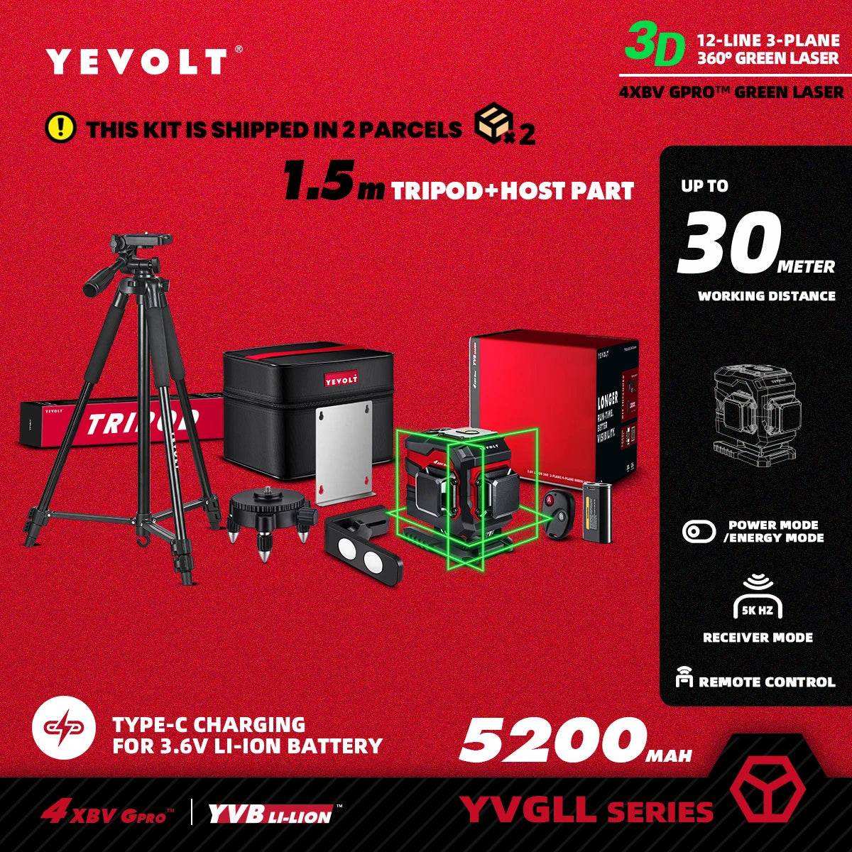 Nível a laser YEVOLT YVGLL4XS12T 3D, 12 linhas, autonivelante, 3 Ah/5,2 Ah, íons de lítio, ferramentas de medição horizontal e vertical 360