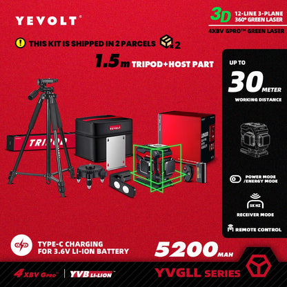Nível a laser YEVOLT YVGLL4XS12T 3D, 12 linhas, autonivelante, 3 Ah/5,2 Ah, íons de lítio, ferramentas de medição horizontal e vertical 360
