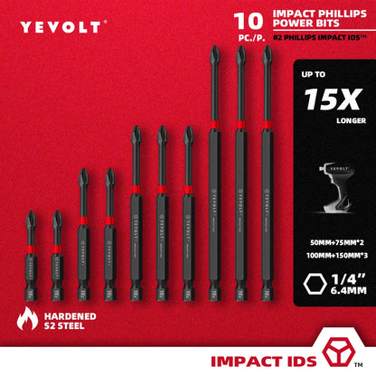 Conjunto de brocas de impacto série YEVOLT YVIDSPH2, 10 peças, 50/65/75/90/100/150 mm, 1/4" Ph2, brocas magnéticas cruzadas, caixa de armazenamento de aço S2