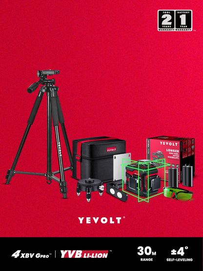Nível a laser verde YEVOLT YVGLL4XS12DP, 3 planos, 12 linhas, autonivelante, 3D, horizontal e vertical, 2 x 3,6 V, 3 Ah, ferramentas de medição de potência
