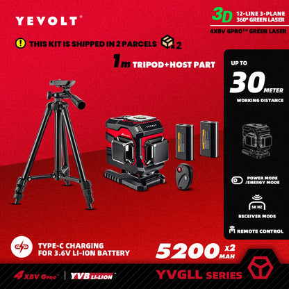 Nivel láser triplano de 12 líneas YEVOLT YVGLL4XS12T, ±4°, autonivelante, para marcado de pisos de almacén, alta precisión, alcance de trabajo de 30 m.