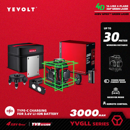 Nível a laser YEVOLT Green Beam 3D horizontal e vertical, 16 linhas, autonivelante, ferramentas de medição precisas de 360° - Série YVGLL4XS16