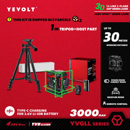 Nível a laser verde YEVOLT 3/4-Plano TL-YVGLL4XS-Series 12/16-Linhas Autonivelante 360 ​​3D/4D Ferramenta de medição de potência - Tripé de 1 m