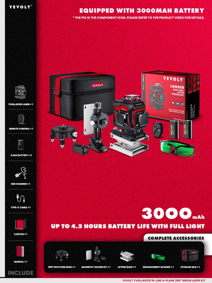 Nível a laser verde YEVOLT YVGLL4XS16 Seires 4D 16 linhas, controle remoto, máquina autoniveladora, ferramentas horizontais e verticais