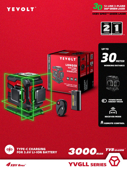 Nível a laser de solo verde YEVOLT YVGLL4XS12T de 3 planos, 12 linhas, autonivelante, 360, máquina 3D, ferramenta de medição horizontal e vertical