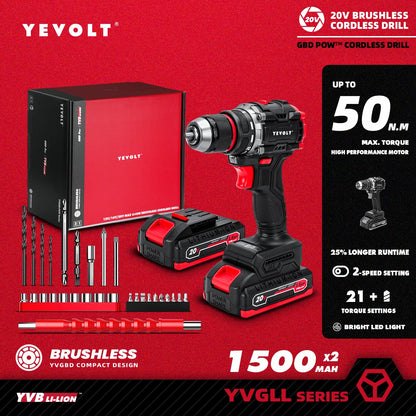 YEVOLT Electric Drill 20V Brushless Li-ion Compact Cordless 21+1 Driver Handheld Screwdriver Power Tools YVGBD20DU2 Series