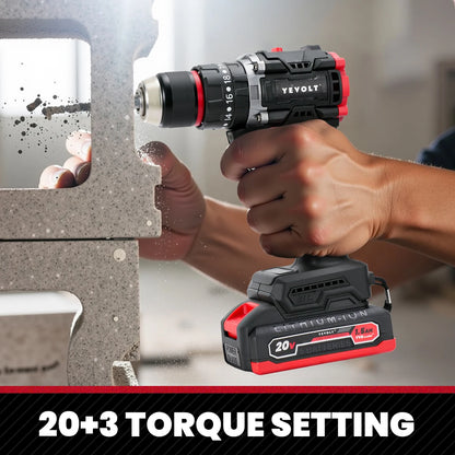 YEVOLT Electric Drill 20V Brushless 20+3 Impact Li-ion Compact Cordless Driver Handheld Screwdriver Power ToolYVGBD20DU3 Series