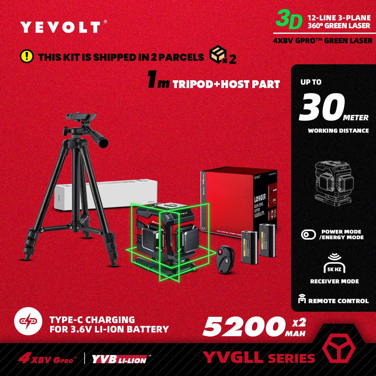 Nível a laser verde YEVOLT 3/4-Plano TL-YVGLL4XS-Series 12/16-Linhas Autonivelante 360 ​​3D/4D Ferramenta de medição de potência - Tripé de 1 m