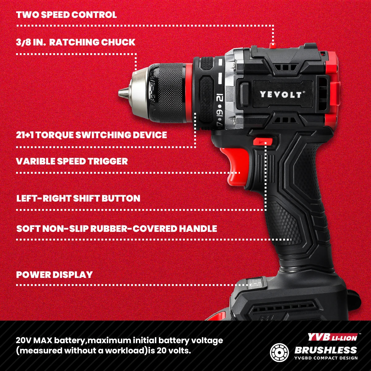 YEVOLT Cordless Electric Drill 20V - Brushless Motor, 2-Speed (0-550/1450RPM) 50N.m Torque LED Light for Prolonged DIY Projects