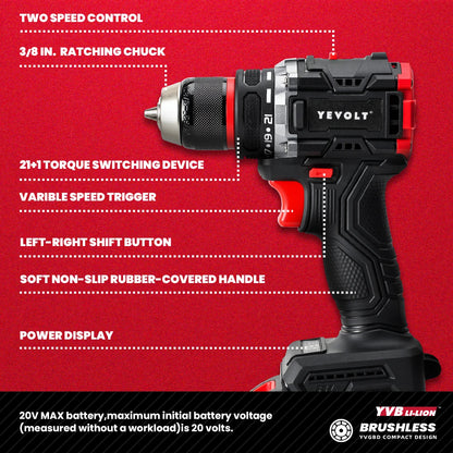 YEVOLT Cordless Electric Drill 20V - Brushless Motor, 2-Speed (0-550/1450RPM) 50N.m Torque LED Light for Prolonged DIY Projects