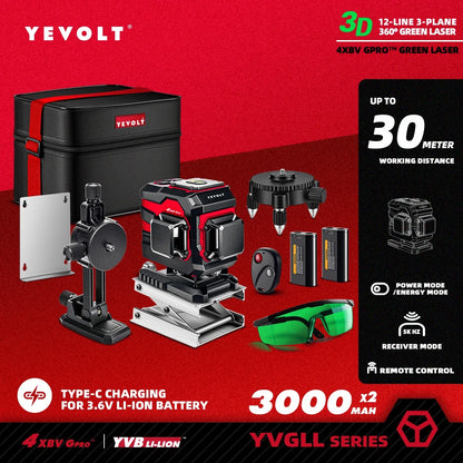 YEVOLT Ground-Mode 12-Line Laser Level YVGLL4XS12T 360° Vertical Coverage ±0.2mm/m Outdoor Daylight Use Single-Person Operation