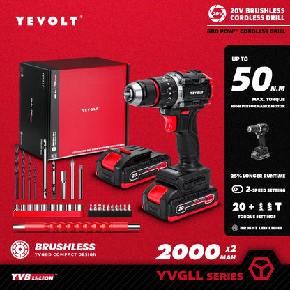 YEVOLT Electric Drill 20V Brushless 20+3 Impact Li-ion Compact Cordless Driver Handheld Screwdriver Power ToolYVGBD20DU3 Series