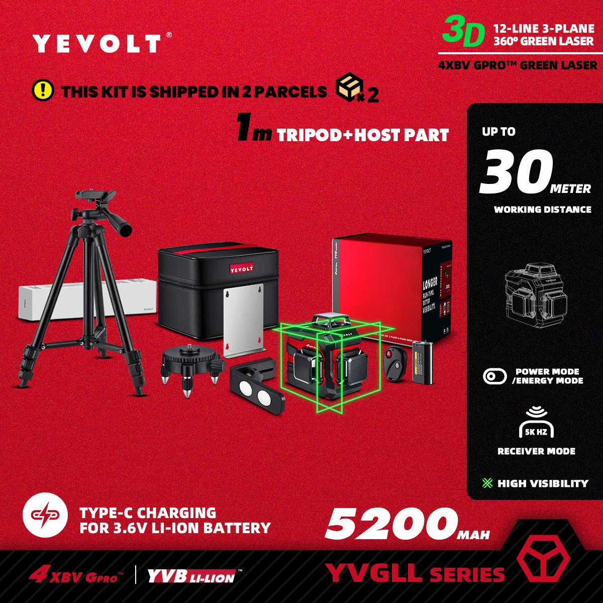 Nível a laser verde YEVOLT 3/4-Plano TL-YVGLL4XS-Series 12/16-Linhas Autonivelante 360 ​​3D/4D Ferramenta de medição de potência - Tripé de 1 m