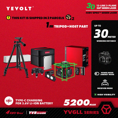Nível a laser verde YEVOLT 3/4-Plano TL-YVGLL4XS-Series 12/16-Linhas Autonivelante 360 ​​3D/4D Ferramenta de medição de potência - Tripé de 1 m