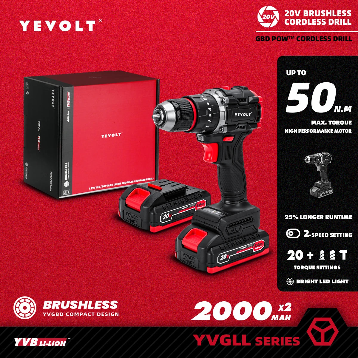 YEVOLT Electric Drill 20V Brushless 20+3 Impact Li-ion Compact Cordless Driver Handheld Screwdriver Power ToolYVGBD20DU3 Series
