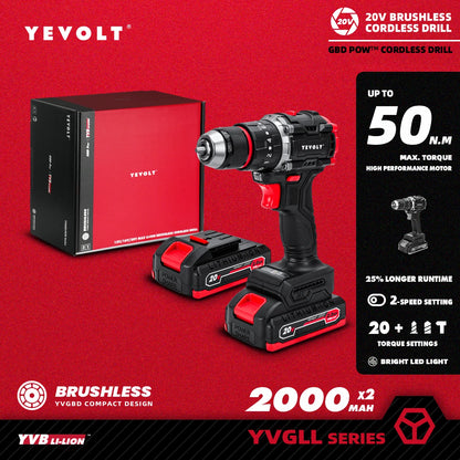 YEVOLT Electric Drill 20V Brushless 20+3 Impact Li-ion Compact Cordless Driver Handheld Screwdriver Power ToolYVGBD20DU3 Series